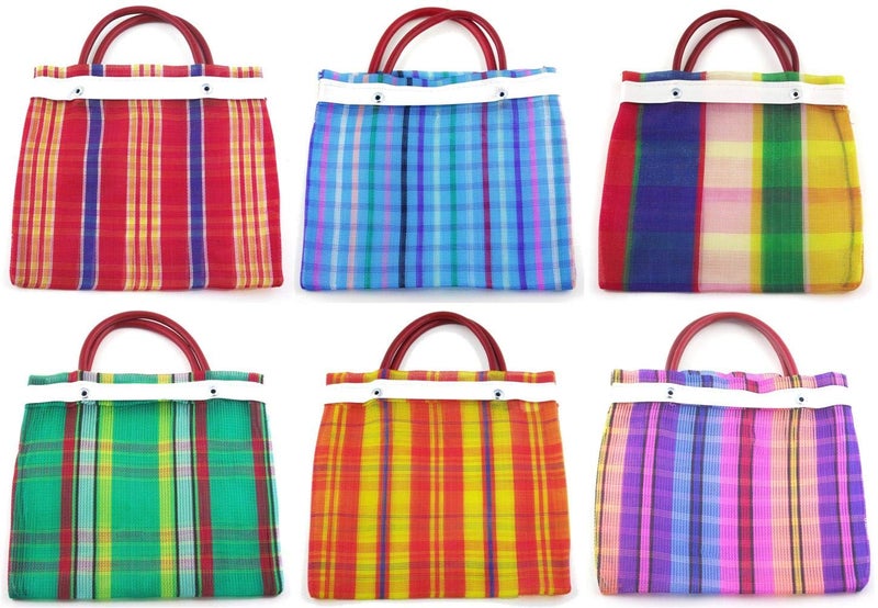 More Fiesta 6 Pcs Small Mexican Tote Mercado Bags 7.5 inch by 7.5 inch, Assorted Colors High Thread Mesh - Mini Mexican Mercado Candy Bags - Image 1